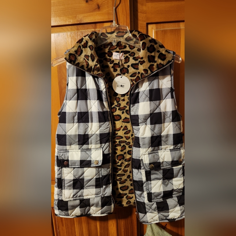 Plaid Quilted Vest with Leopard Lining